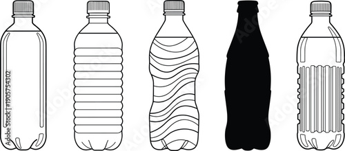 Set of five plastic and glass bottle icons including water soda and beverage containers with different 