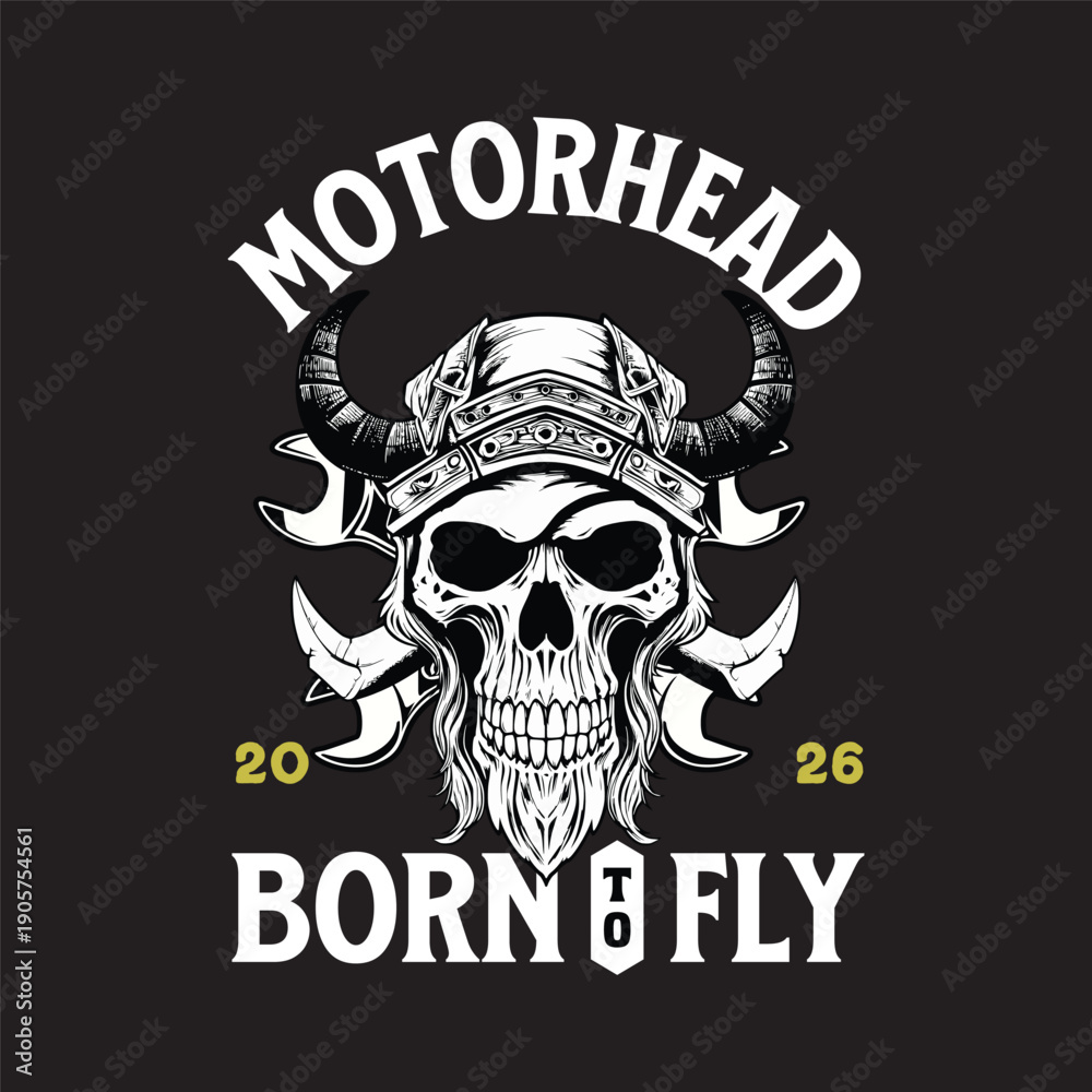 Fototapeta premium Skull with Horns and Wrench Helmet, Motorhead Born to Fly Typography, Black Background