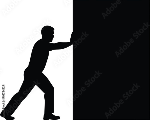 Businessman silhouette pushes a large dark rectangular object forward in a determined physical effort.