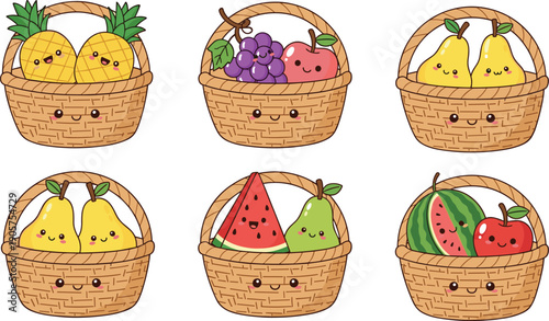 Cute cartoon wicker baskets filled with smiling fruits, playful pears, pineapples, grapes, apples, watermelon, adorable food illustrationCute cartoon wicker baskets filled with smiling fruits 