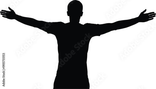 Businessman stands with arms outstretched to represent a sense of openness, freedom, or professional ambition in a clean, high-contrast silhouette.