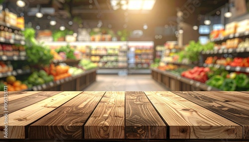 Empty wooden tabletop and blurred supermarket as background for displaying or mounting your products