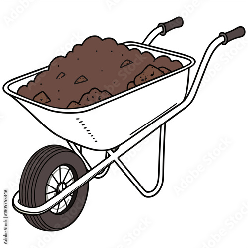 Garden wheelbarrow full of rich brown soil, compost, or dirt. Isolated on transparent background