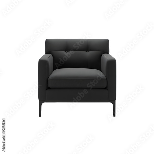 Dark Gray Fabric Armchair with Black Metal Frame Isolated on Black Background 