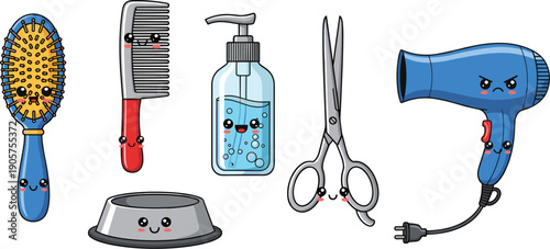 Playful cartoon grooming tools with faces, hairbrush, comb, scissors, hairdryer, pet bowl, pump bottle, whimsical illustration