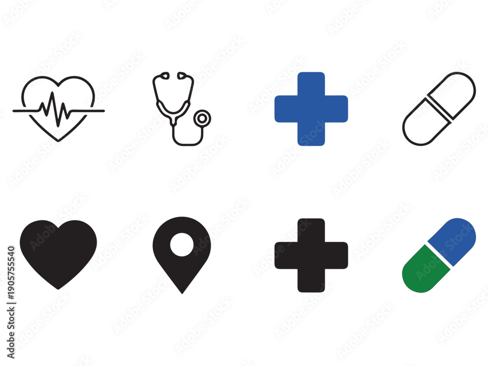 Obraz premium Medical and Healthcare Icon Set with Heart Location Cross and Pill Symbols