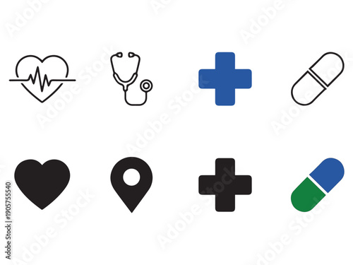 Medical and Healthcare Icon Set with Heart Location Cross and Pill Symbols