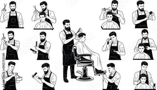 Professional barber cutting hair with scissors and clippers, styling male client in barbershop chair, grooming tools and techniques