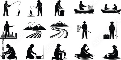 Silhouette icons of fishing, boating, outdoor recreation, nature activities, plants, rivers, mountains, lifestyle leisure, vector illustration