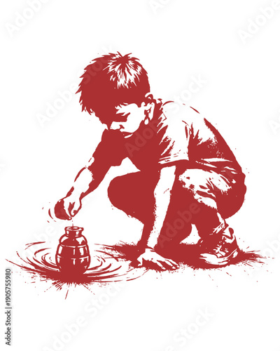 Anti-War Protest Child Playing with Grenade Stencil War Satire Art