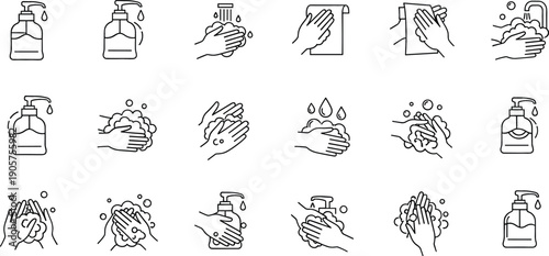 Set of black and white handwashing icons featuring soap dispensers lathering and rinsing for hygiene and public safety design