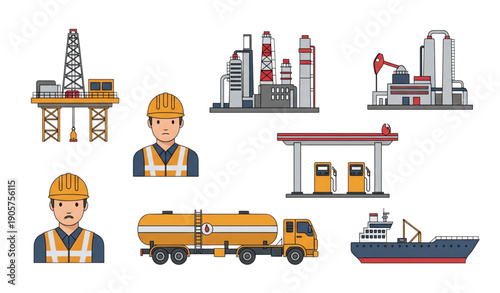 Oil and gas industry vector illustration set with drilling rig refinery worker gas station tanker truck and tanker ship isolated on transparent background