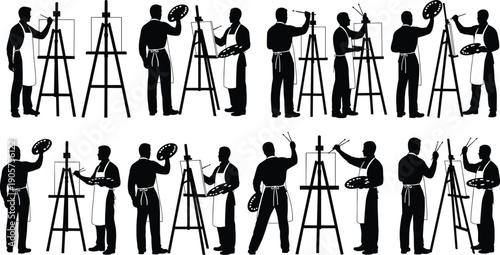 Silhouettes of artists painting on easels, creative figures with brushes and palettes, artistic activity illustration for design use