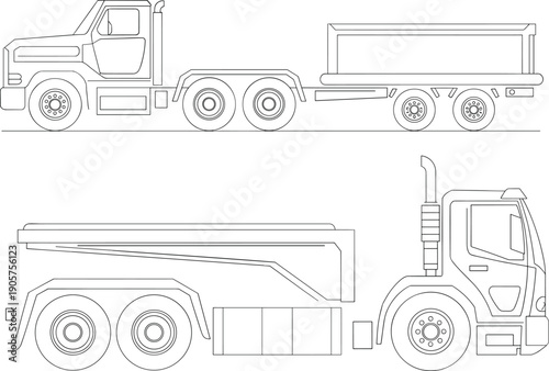 Line art flatbed truck and trailer outline illustration showing industrial transport vehicle side view isolated on white background