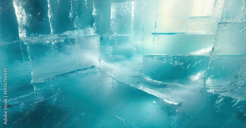 Fototapeta premium Ice blocks create abstract corridor. Blue hues dominate scene, reflecting light, forming cool atmosphere. Minimalist design, frozen texture.