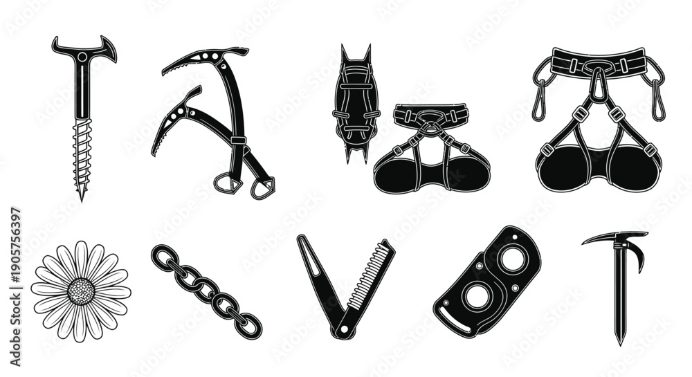 Fototapeta premium Ice Climbing Equipment Vector Icons