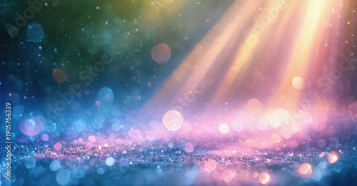 Vibrant sparkles illuminate dark space. Rainbow hues blend, creating dreamy, ethereal scene. Light beams radiate from source.