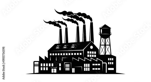 Graphic illustration of a factory with smoking chimneys and a water tower, representing industry and the production era