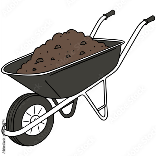 Garden wheelbarrow full of rich brown soil, compost, or dirt. Isolated on transparent background