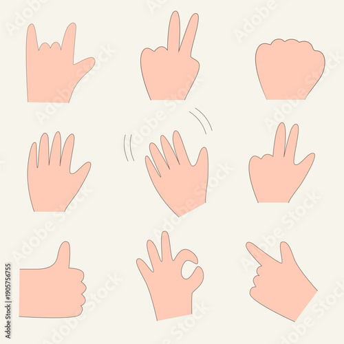 Hand-drawn icons of hands in motion. Hand-drawn human hands on a light background. Hand stickers and icons.
