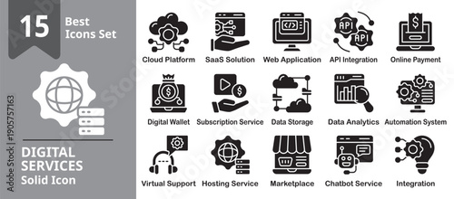 Digital Services Icon set. Including digital, service, online, cloud, platform, app, software and more. Solid vector icons collection. Vector Illustration.