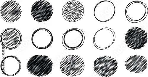 A collection of hand-drawn circles and ovals featuring various hatching patterns and empty outlines on a white background