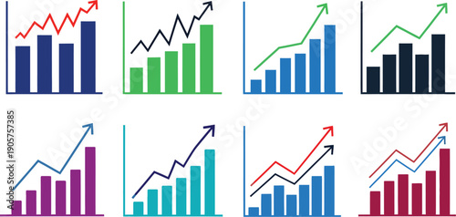 Collection of colorful business charts and graphs showing positive growth trends and financial success