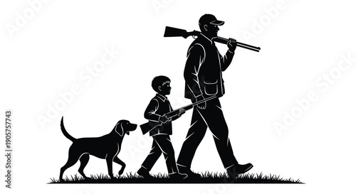 Vector Illustration of Hunter Father and Son with Hunting Dog for Outdoor Adventure Sports Wilderness Activity Family Bonding and Professional Graphic Design Projects