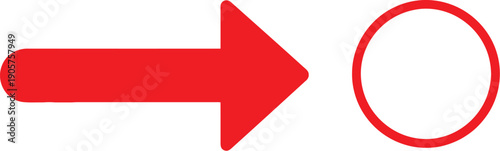 Vibrant red arrow pointing directly right towards a distinct red circle outline, clearly isolated on a clean white background, symbolizing direction.
