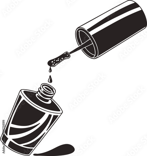 Black and white ink bottle pouring into a cylindrical container with a brush