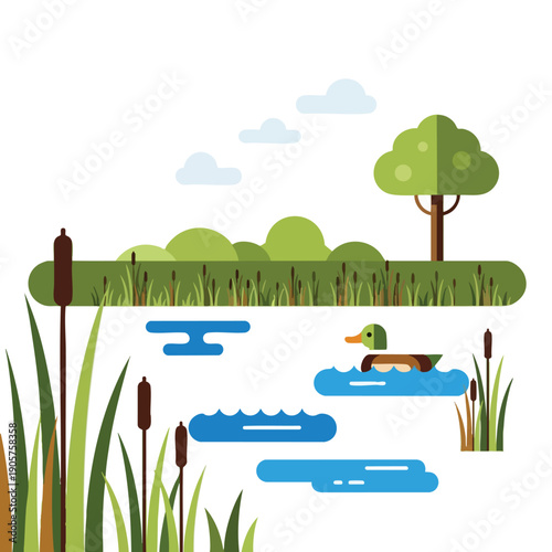 Serene Natural Scene with Ducks Pond and Green Trees