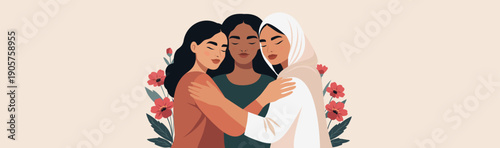 Vector banner with space for text for Women's Day, March 8. Women of different cultures and skin colors embrace each other surrounded by flowers. Movement for gender equality, women's empowerment