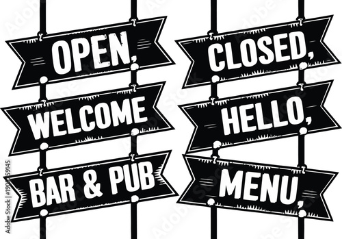 Vintage Hanging Signboard Set with Open Closed Welcome Menu and Bar Pub Signs