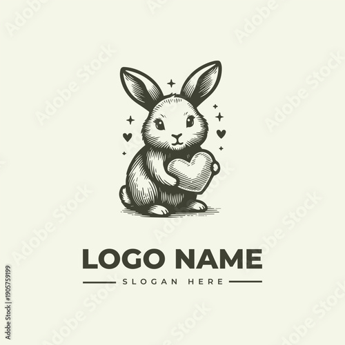 A vintage engraving style logo featuring a rabbit holding a heart with hearts and stars around it on a beige background.