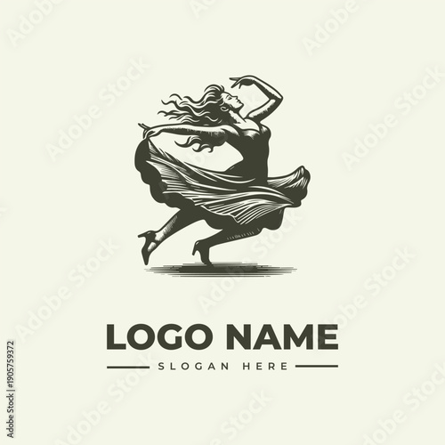 Logo design featuring a dynamic dancing woman in a flowing dress, with a placeholder for a logo name and slogan on a neutral background, in a vintage engraving style.