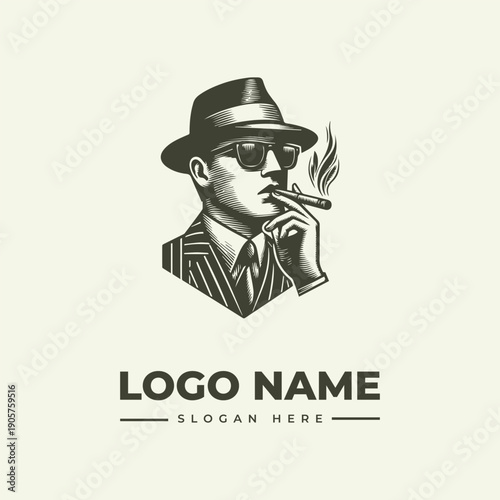 A vintage engraving of a man in a suit and hat smoking a cigar with a woodcut style logo and illustration on a cream background.