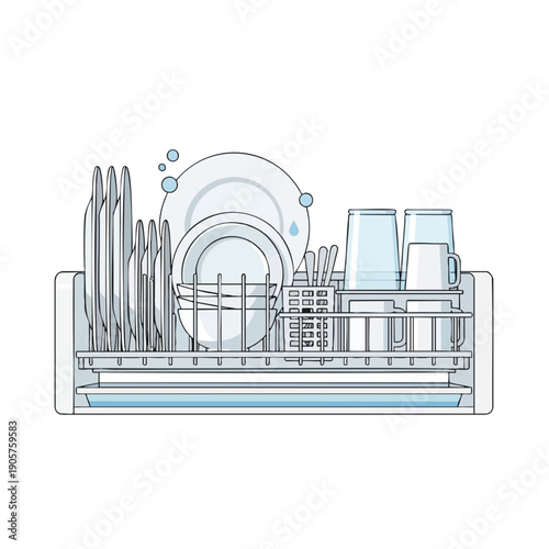 Modern Kitchen Dish Drying Rack with Clean Dishes and Glasses