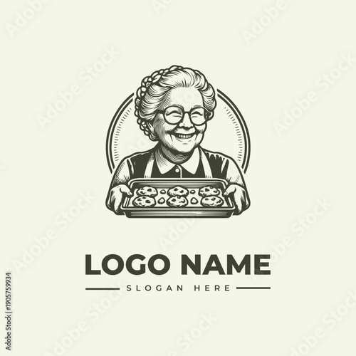Black and white vintage engraving of an elderly woman with glasses sitting at a decorative typewriter, surrounded by a circular frame with logo name and slogan on a clean background.