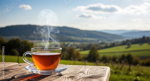 Hot steaming cup of tea on wooden table overlooking green mountain valley landscape.