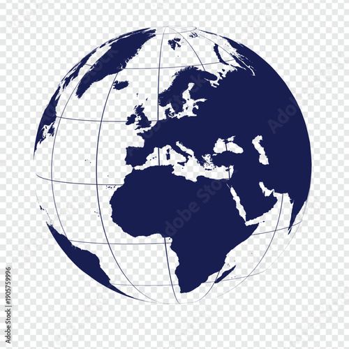 Blue globe with world map illustration and grid lines, symbolizing global connections and geography.