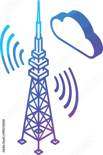 Isometric 5G network tower with signal waves and cloud data synchronization. High-speed telecommunication and wireless technology vector illustration