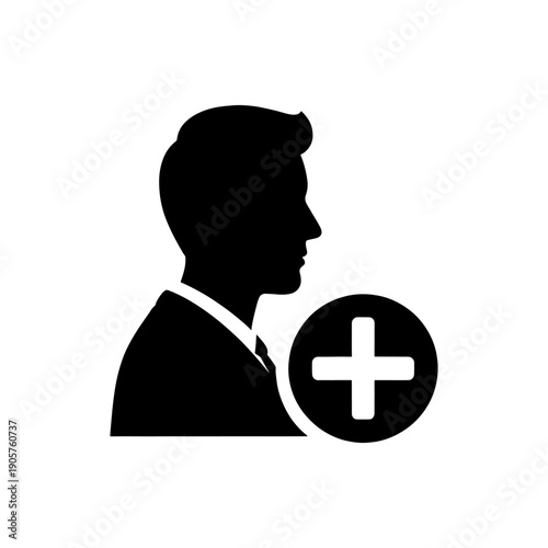 A black silhouette of a man s head and shoulders with an add symbol