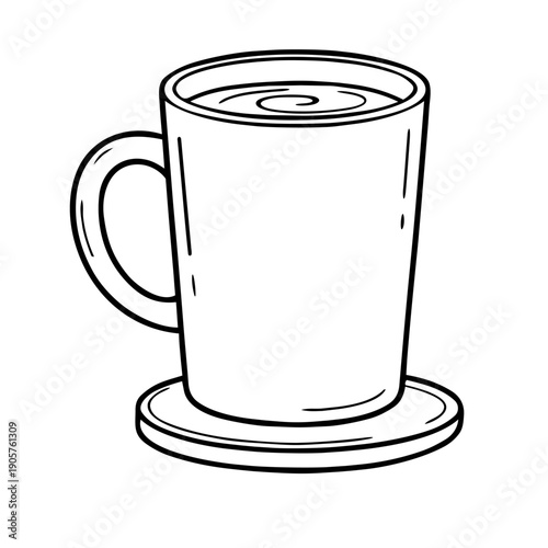 Hand drawn vector illustration of a hot coffee mug on a coaster. Black and white line art icon of a tea cup.