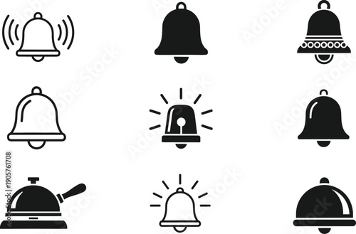 Detailed vector set featuring 9 notification icons including ringing bells, alert sirens, and classic hospitality service desk bells