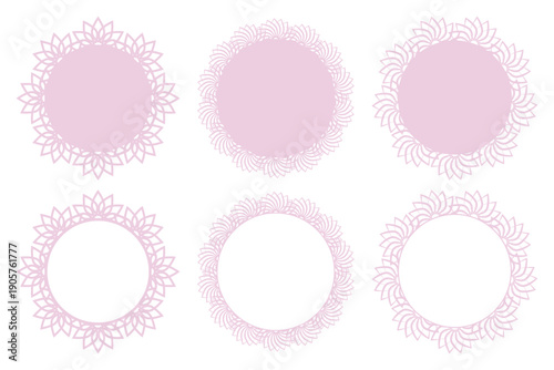 淡いピンクの円形レース装飾フレームセット｜花柄・放射デザインの装飾枠 ベクター素材/Soft Pink Circular Lace Frame Set | Floral and Radial Decorative Round Borders Vector (Transparent)
