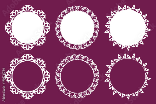 ディープパープル背景の円形レース装飾フレームセット｜花柄・幾何学レースの丸枠デザイン ベクター素材/Circular Lace Decorative Frame Set on Deep Purple | Floral and Geometric Round Borders Vector 
