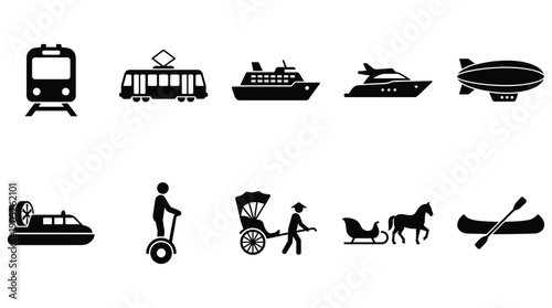 Transportation icons including train, bus, boat, airship, and various vehicles and modes of travel