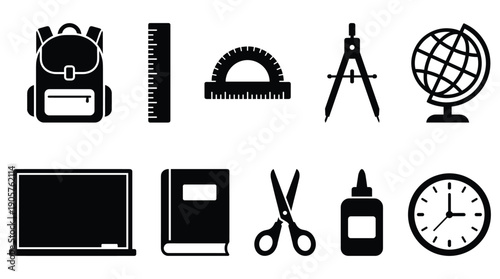 School supplies and education icons in black and white