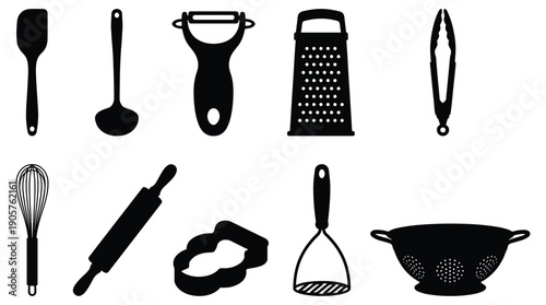 Kitchen Utensils and Tools Silhouette Icons Set for Cooking and Baking