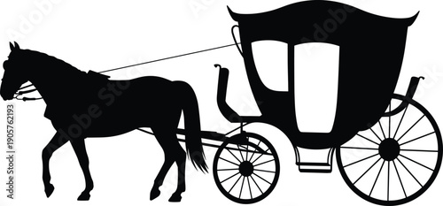 Black silhouette of a horse pulling a carriage with ornate wheels on a white background